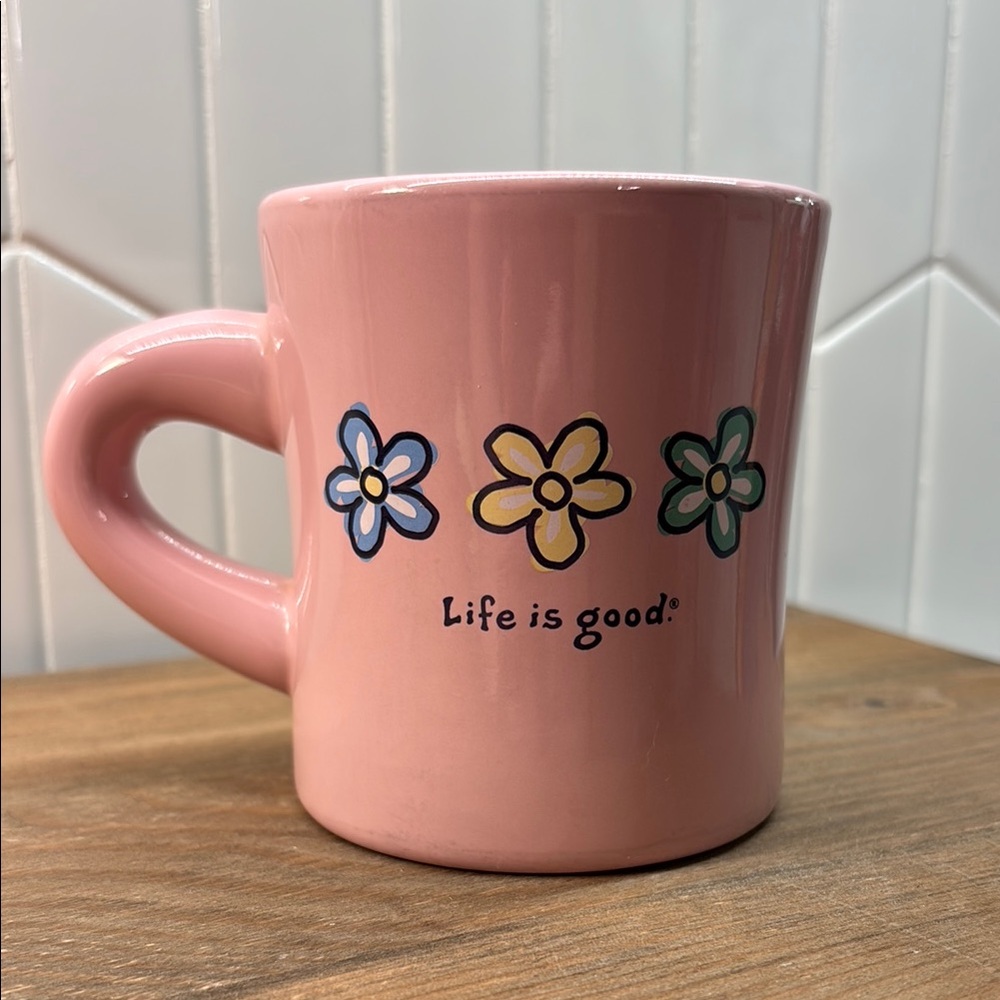 Life is Good Pink Mug with Floral Design